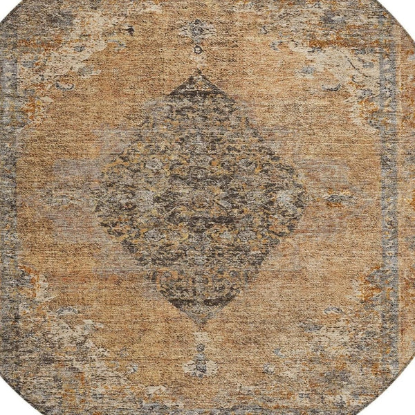 HomeRoots 8' Copper and Taupe Round Medallion Rug - Stylish, Washable Design for Indoor & Outdoor Spaces 629349