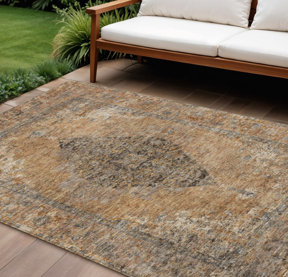 HomeRoots 8' X 10' Copper and Taupe Medallion Rug - Elegant, Washable, Durable for Indoor and Outdoor Spaces! 629350