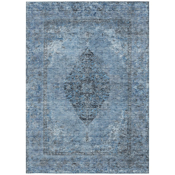HomeRoots 5' X 8' Denim Blue and Gray Medallion Rug - Durable, Washable, Indoor-Outdoor Area Rug for High-Traffic Use 629354