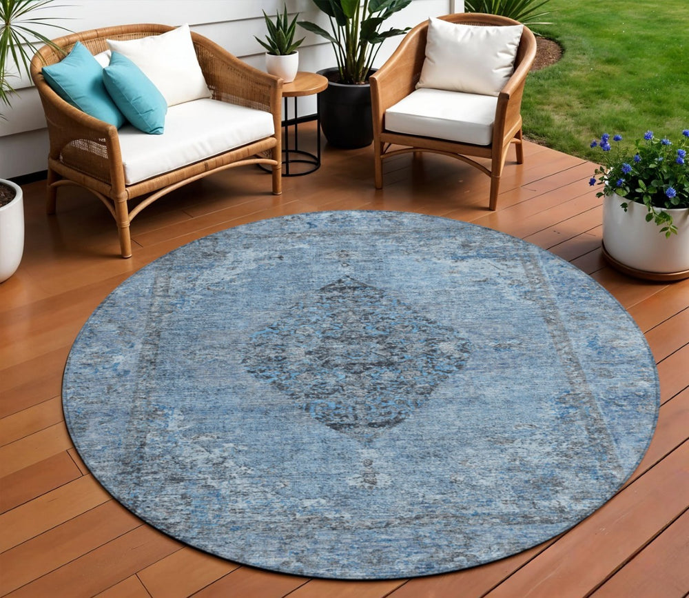 HomeRoots 8' Denim Blue and Gray Round Medallion Rug – Durable, Washable, Indoor/Outdoor Use for High-Traffic Areas 629355