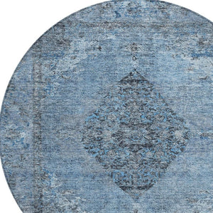HomeRoots 8' Denim Blue and Gray Round Medallion Rug – Durable, Washable, Indoor/Outdoor Use for High-Traffic Areas 629355