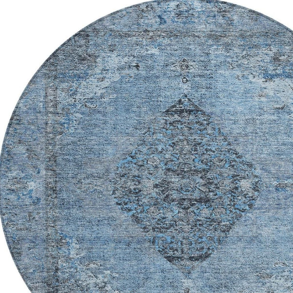 HomeRoots 8' Denim Blue and Gray Round Medallion Rug – Durable, Washable, Indoor/Outdoor Use for High-Traffic Areas 629355