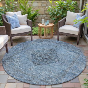 HomeRoots 8' Denim Blue and Gray Round Medallion Rug – Durable, Washable, Indoor/Outdoor Use for High-Traffic Areas 629355