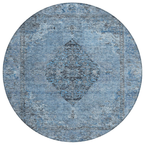 HomeRoots 8' Denim Blue and Gray Round Medallion Rug – Durable, Washable, Indoor/Outdoor Use for High-Traffic Areas 629355