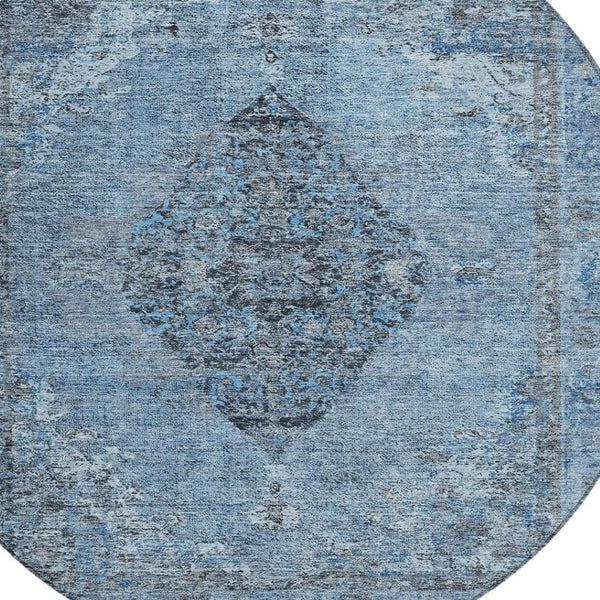 HomeRoots 8' Denim Blue and Gray Round Medallion Rug – Durable, Washable, Indoor/Outdoor Use for High-Traffic Areas 629355