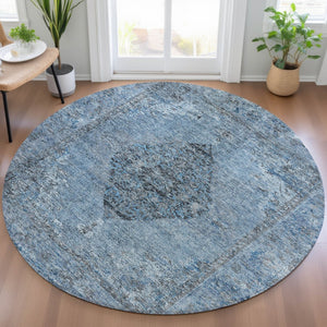 HomeRoots 8' Denim Blue and Gray Round Medallion Rug – Durable, Washable, Indoor/Outdoor Use for High-Traffic Areas 629355