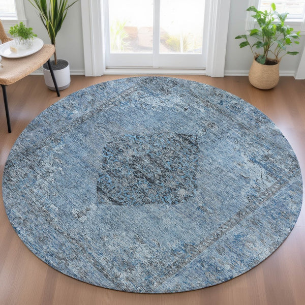 HomeRoots 8' Denim Blue and Gray Round Medallion Rug – Durable, Washable, Indoor/Outdoor Use for High-Traffic Areas 629355