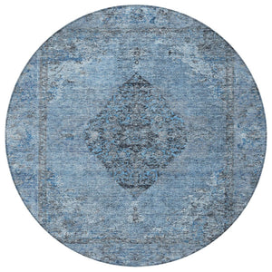 HomeRoots 8' Denim Blue and Gray Round Medallion Rug – Durable, Washable, Indoor/Outdoor Use for High-Traffic Areas 629355