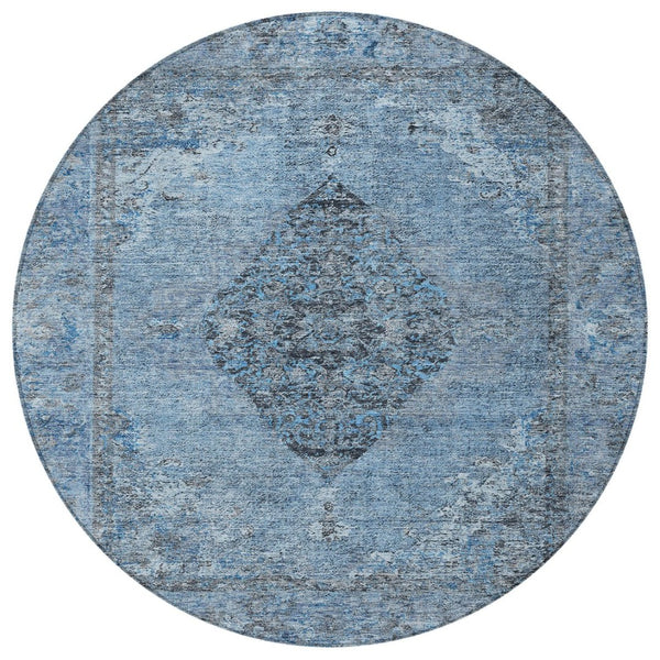 HomeRoots 8' Denim Blue and Gray Round Medallion Rug – Durable, Washable, Indoor/Outdoor Use for High-Traffic Areas 629355