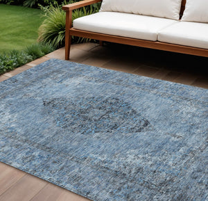 HomeRoots 8' Denim Blue and Gray Medallion Area Rug - Washable, Durable, Stylish for Indoor and Outdoor Spaces 629356