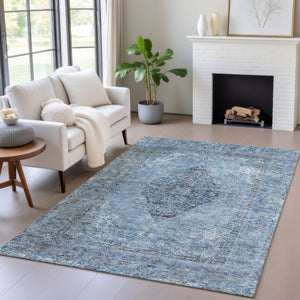 HomeRoots 8' Denim Blue and Gray Medallion Area Rug - Washable, Durable, Stylish for Indoor and Outdoor Spaces 629356
