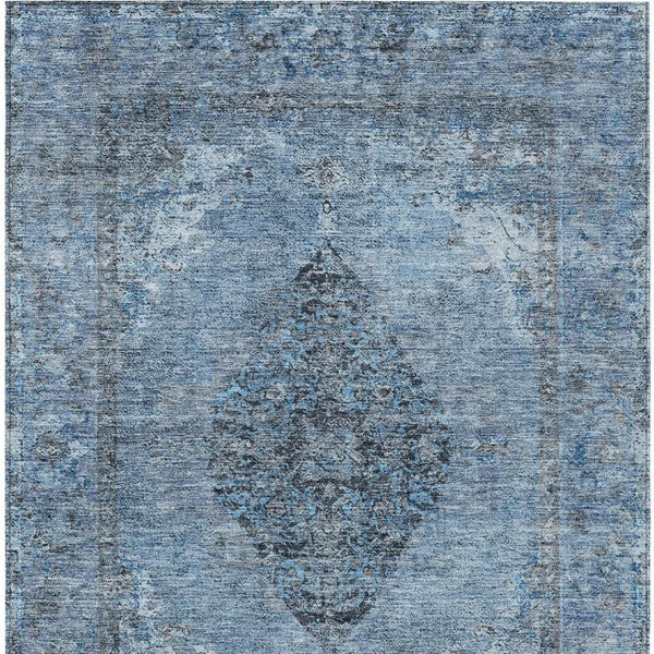 HomeRoots 10' Denim Blue & Gray Medallion Area Rug – Machine Washable, Stain-Resistant for Indoor/Outdoor Use 629358