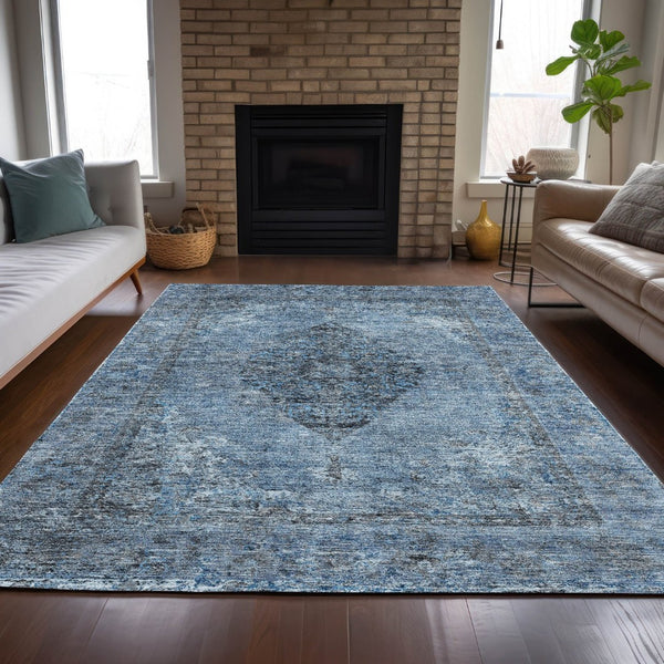 HomeRoots 10' Denim Blue & Gray Medallion Area Rug – Machine Washable, Stain-Resistant for Indoor/Outdoor Use 629358
