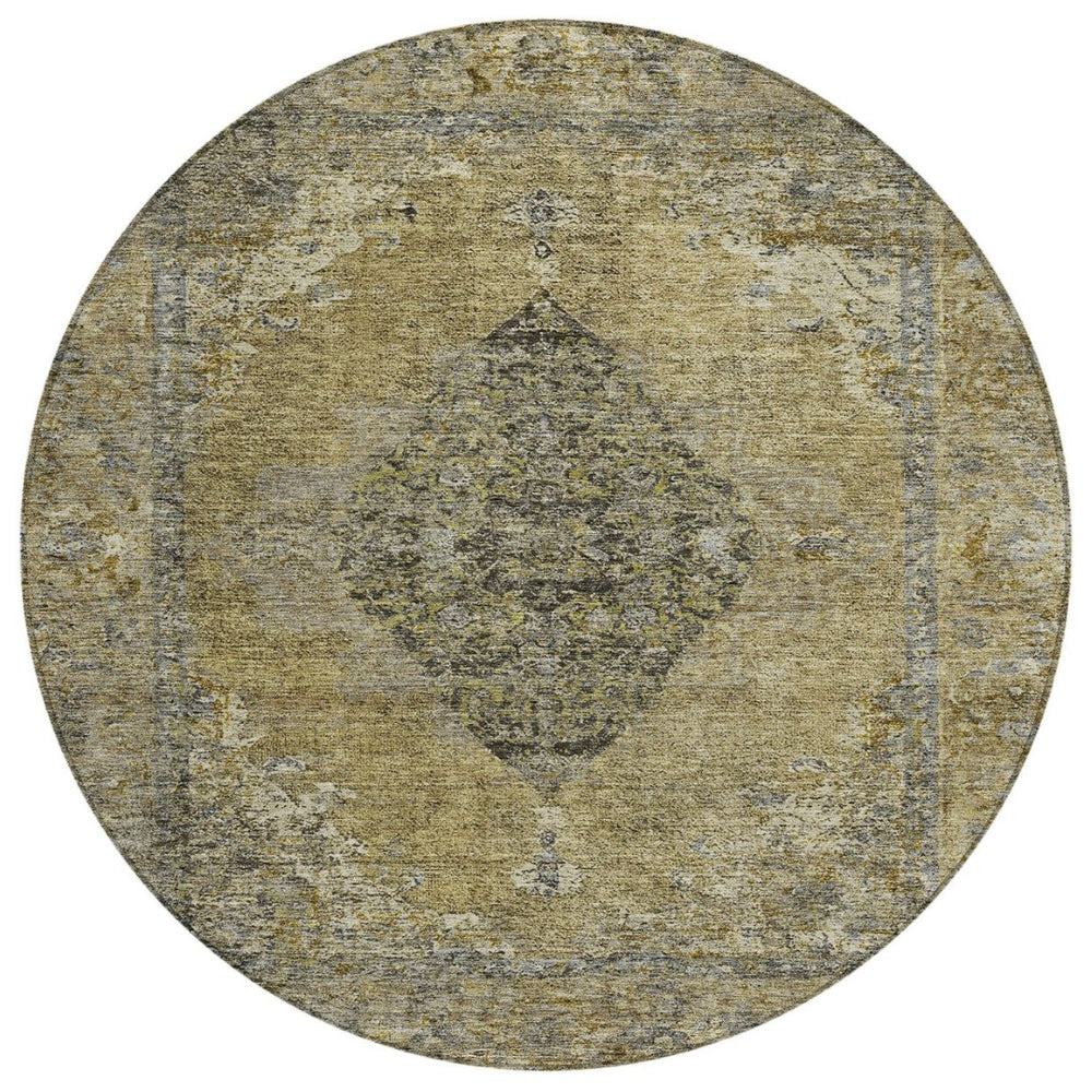 HomeRoots 8' Khaki & Beige Round Medallion Rug - Durable, Washable, Stylish Area Accent for Indoors & Outdoors 629361