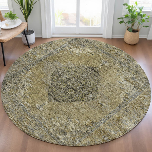HomeRoots 8' Khaki & Beige Round Medallion Rug - Durable, Washable, Stylish Area Accent for Indoors & Outdoors 629361