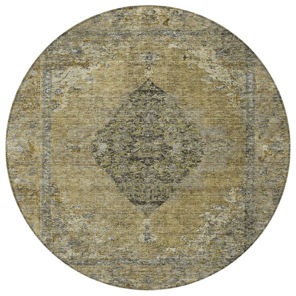 HomeRoots 8' Khaki & Beige Round Medallion Rug - Durable, Washable, Stylish Area Accent for Indoors & Outdoors 629361