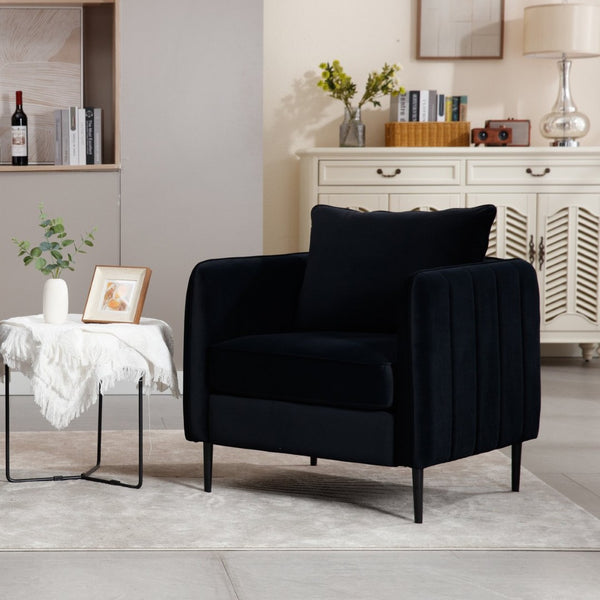 English Elm Accent Velvet Armchair Mid-century Modern Plush Seat with Metal Legs for Any Room Black W3244P325834