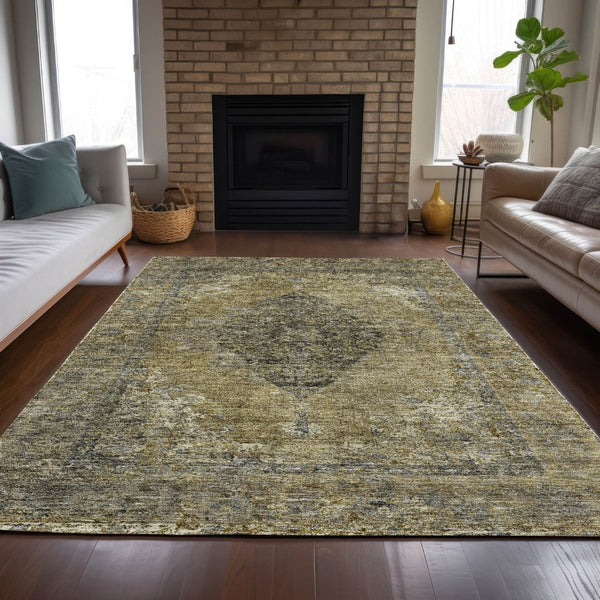 HomeRoots 9' X 12' Khaki Beige Medallion Area Rug - Washable, Durable, Indoor-Outdoor Elegance for Every Space 629363