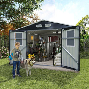 English Elm Outdoor Metal Storage Shed 8x8 Ft with Four Windows and Lockable Double Doors Dark Gray W1598S00041