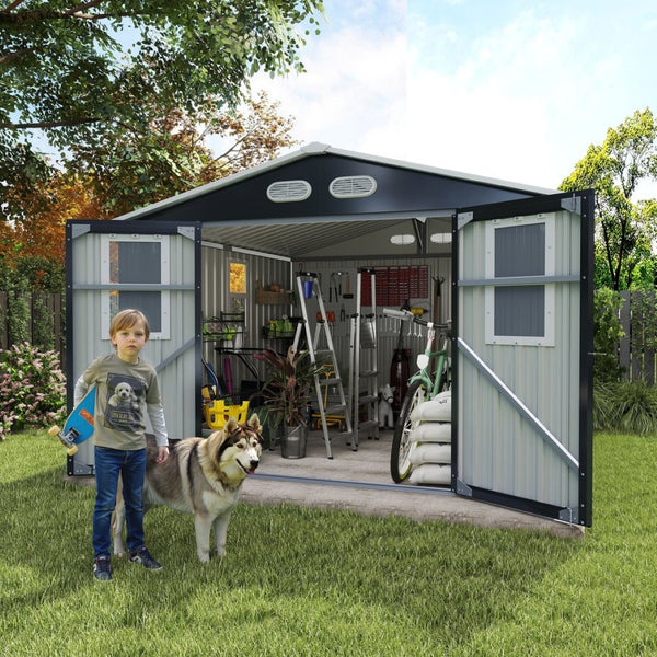 English Elm Outdoor Metal Storage Shed 8x8 Ft with Four Windows and Lockable Double Doors Dark Gray W1598S00041