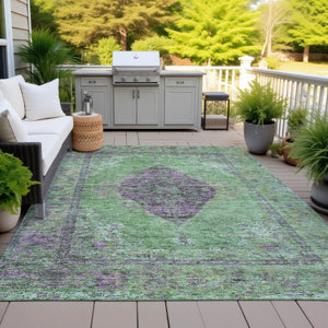 HomeRoots 5' Vibrant Lime Green & Purple Medallion Washable Area Rug – Durable Indoor/Outdoor Style for Any Space 629366