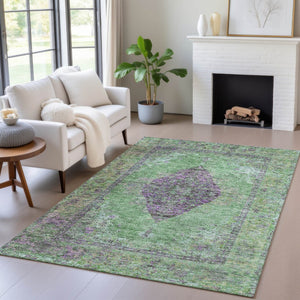 HomeRoots 5' Vibrant Lime Green & Purple Medallion Washable Area Rug – Durable Indoor/Outdoor Style for Any Space 629366