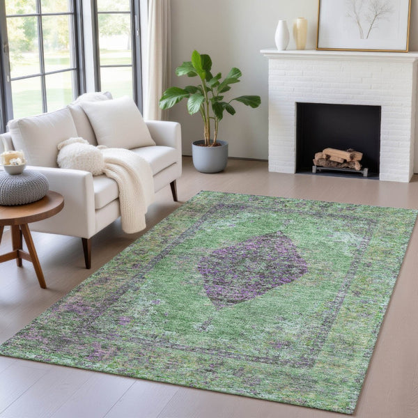 HomeRoots 5' Vibrant Lime Green & Purple Medallion Washable Area Rug – Durable Indoor/Outdoor Style for Any Space 629366