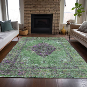 HomeRoots 5' Vibrant Lime Green & Purple Medallion Washable Area Rug – Durable Indoor/Outdoor Style for Any Space 629366