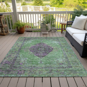 HomeRoots 5' Vibrant Lime Green & Purple Medallion Washable Area Rug – Durable Indoor/Outdoor Style for Any Space 629366