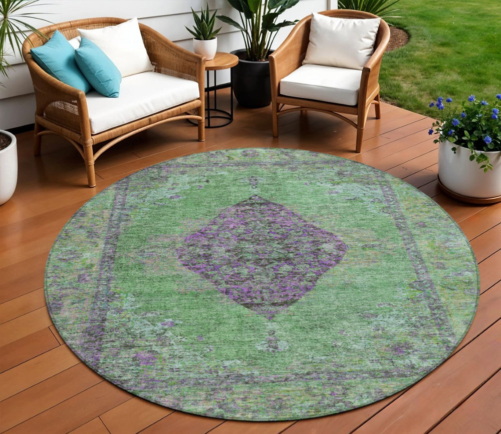 HomeRoots 8' Vibrant Lime Green & Purple Round Medallion Rug - Washable for Indoor & Outdoor Use! Ideal for All Spaces! 629367