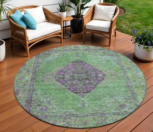 HomeRoots 8' Vibrant Lime Green & Purple Round Medallion Rug - Washable for Indoor & Outdoor Use! Ideal for All Spaces! 629367
