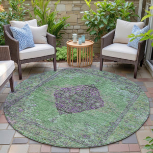 HomeRoots 8' Vibrant Lime Green & Purple Round Medallion Rug - Washable for Indoor & Outdoor Use! Ideal for All Spaces! 629367