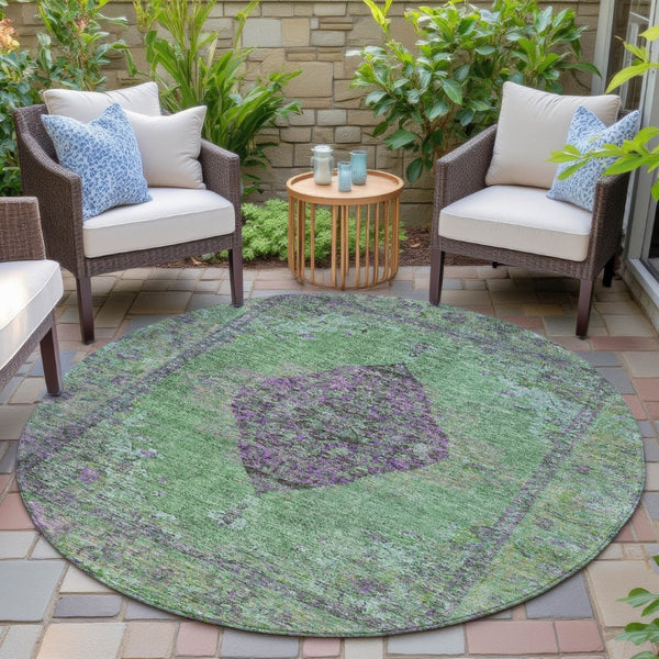 HomeRoots 8' Vibrant Lime Green & Purple Round Medallion Rug - Washable for Indoor & Outdoor Use! Ideal for All Spaces! 629367