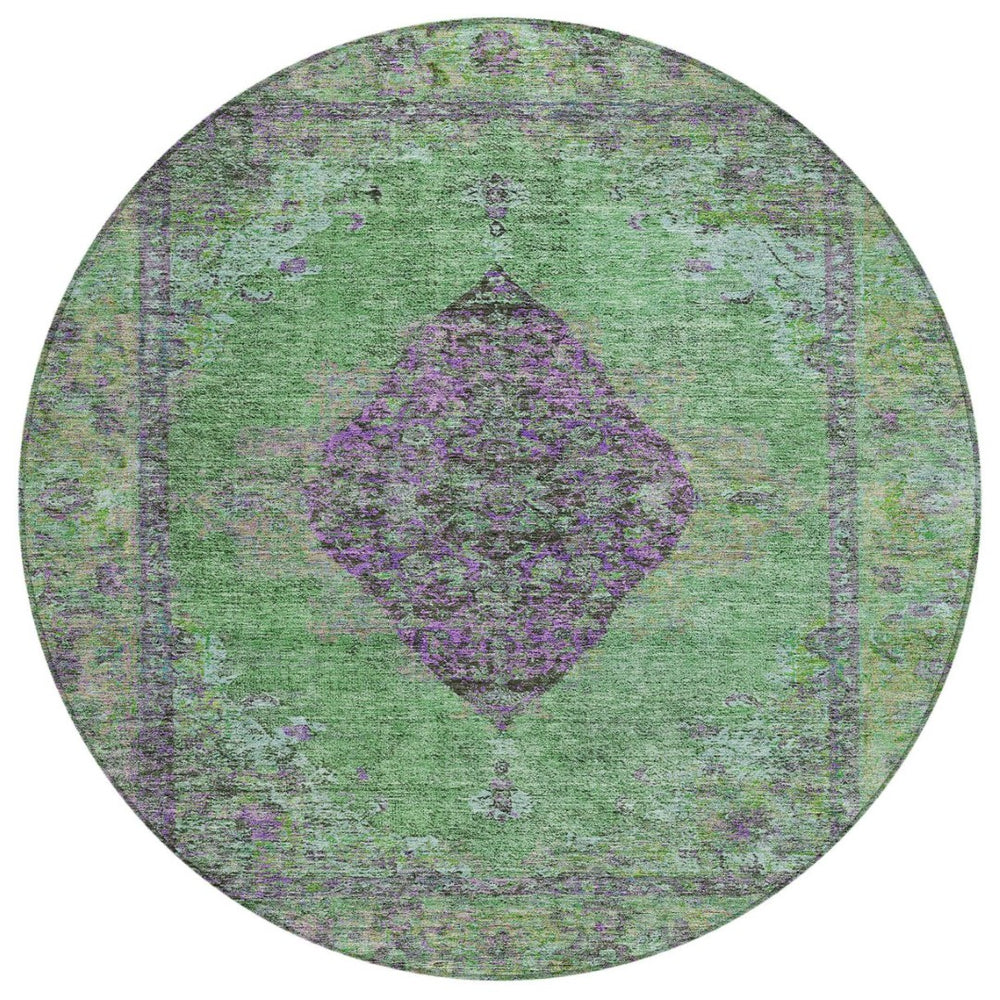 HomeRoots 8' Vibrant Lime Green & Purple Round Medallion Rug - Washable for Indoor & Outdoor Use! Ideal for All Spaces! 629367