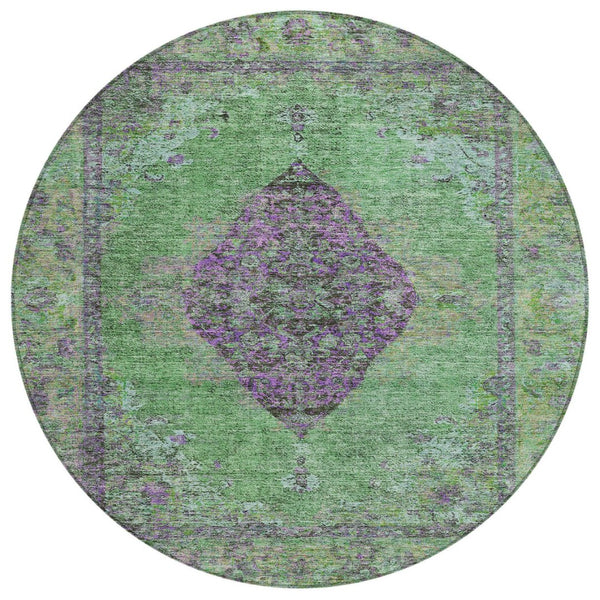 HomeRoots 8' Vibrant Lime Green & Purple Round Medallion Rug - Washable for Indoor & Outdoor Use! Ideal for All Spaces! 629367