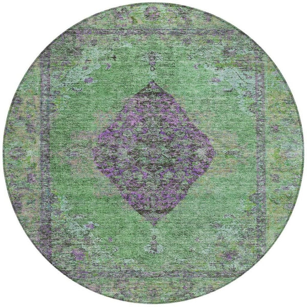 HomeRoots 8' Vibrant Lime Green & Purple Round Medallion Rug - Washable for Indoor & Outdoor Use! Ideal for All Spaces! 629367