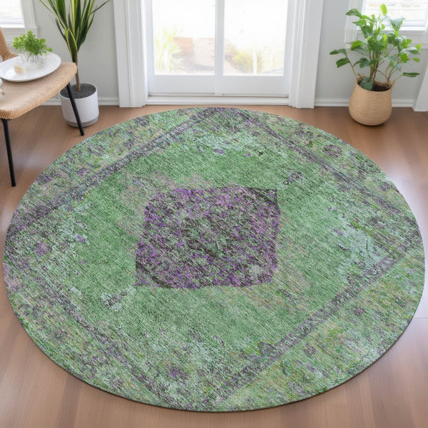HomeRoots 8' Vibrant Lime Green & Purple Round Medallion Rug - Washable for Indoor & Outdoor Use! Ideal for All Spaces! 629367