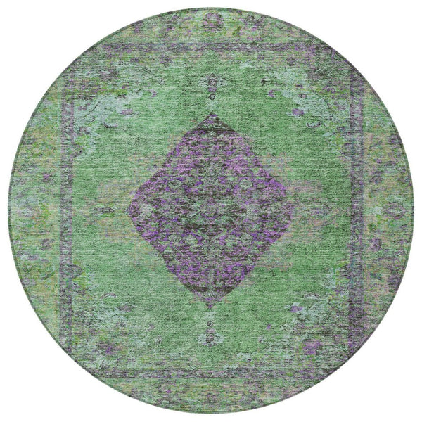 HomeRoots 8' Vibrant Lime Green & Purple Round Medallion Rug - Washable for Indoor & Outdoor Use! Ideal for All Spaces! 629367