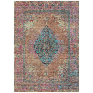 HomeRoots 5' Vibrant Orange and Teal Medallion Washable Area Rug for Indoor/Outdoor High-Traffic Spaces 629372