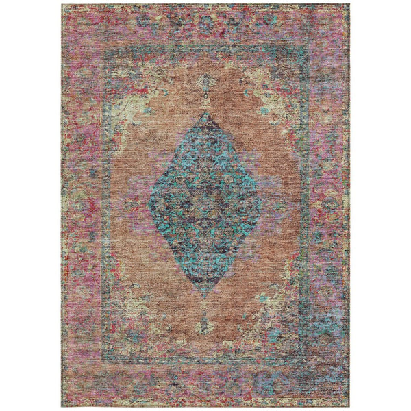HomeRoots 5' Vibrant Orange and Teal Medallion Washable Area Rug for Indoor/Outdoor High-Traffic Spaces 629372