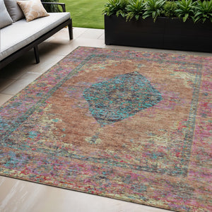 HomeRoots 5' Vibrant Orange and Teal Medallion Washable Area Rug for Indoor/Outdoor High-Traffic Spaces 629372