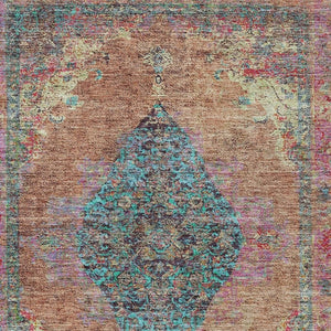 HomeRoots 5' Vibrant Orange and Teal Medallion Washable Area Rug for Indoor/Outdoor High-Traffic Spaces 629372