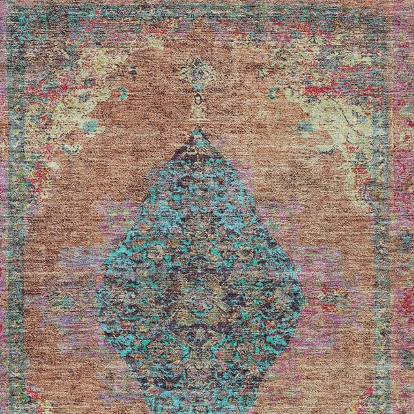 HomeRoots 5' Vibrant Orange and Teal Medallion Washable Area Rug for Indoor/Outdoor High-Traffic Spaces 629372