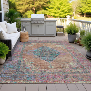 HomeRoots 5' Vibrant Orange and Teal Medallion Washable Area Rug for Indoor/Outdoor High-Traffic Spaces 629372