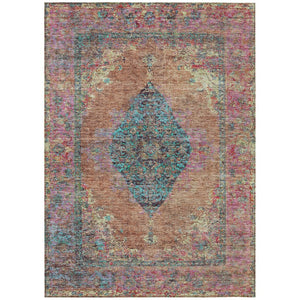 HomeRoots 5' Vibrant Orange and Teal Medallion Washable Area Rug for Indoor/Outdoor High-Traffic Spaces 629372