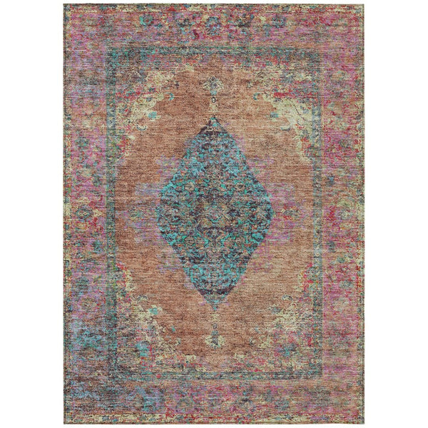 HomeRoots 5' Vibrant Orange and Teal Medallion Washable Area Rug for Indoor/Outdoor High-Traffic Spaces 629372