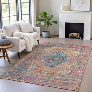 HomeRoots 5' Vibrant Orange and Teal Medallion Washable Area Rug for Indoor/Outdoor High-Traffic Spaces 629372
