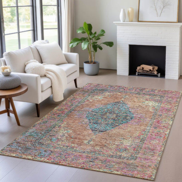 HomeRoots 5' Vibrant Orange and Teal Medallion Washable Area Rug for Indoor/Outdoor High-Traffic Spaces 629372