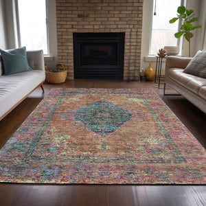HomeRoots 5' Vibrant Orange and Teal Medallion Washable Area Rug for Indoor/Outdoor High-Traffic Spaces 629372