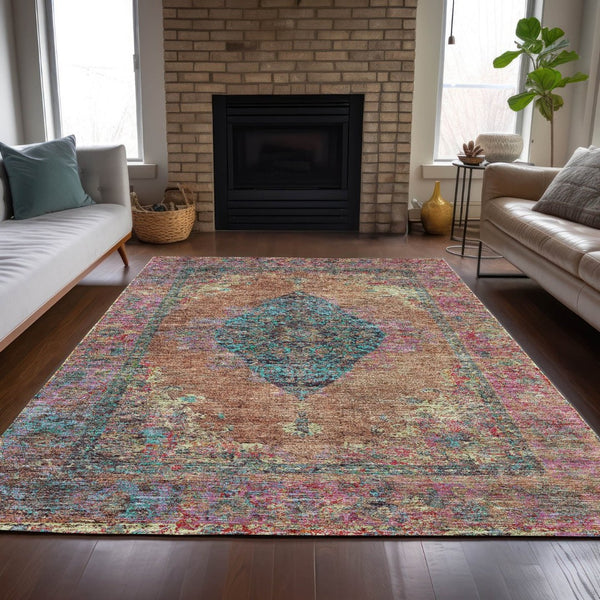 HomeRoots 5' Vibrant Orange and Teal Medallion Washable Area Rug for Indoor/Outdoor High-Traffic Spaces 629372